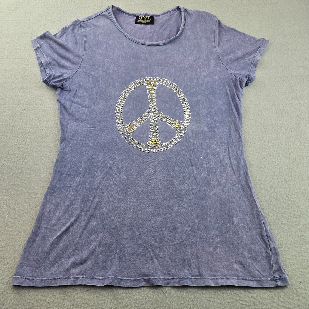 Tryst T-Shirt Womens Small Blue Tie-Dye Embellished Peace Sign Design Crew Neck